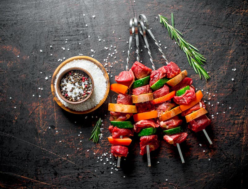 Raw Beef Kebab with Vegetables and Spices in Bowl Stock Photo Image