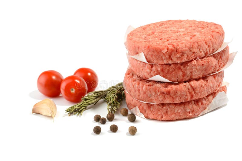 Beef Patties and Spices for Making a Burger. Isolated on a White