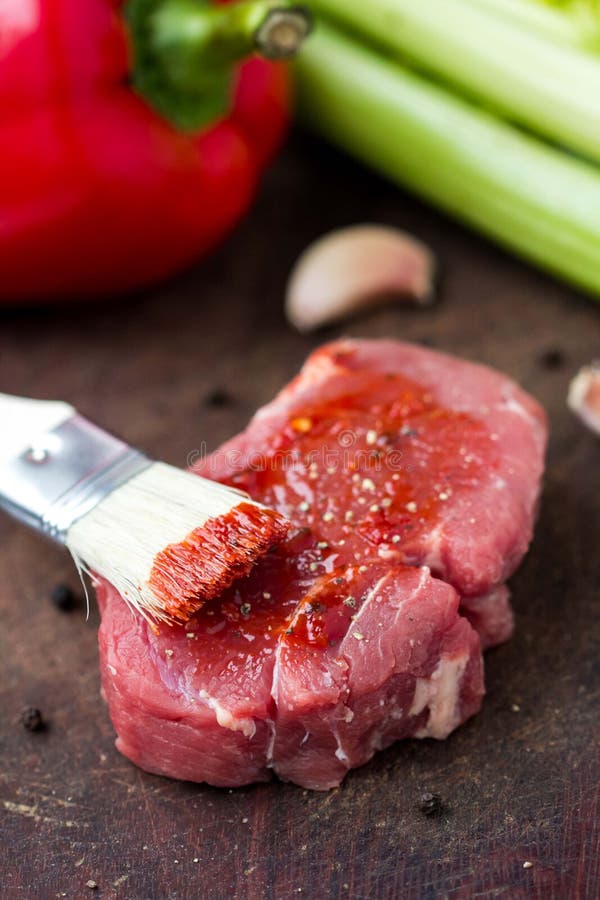 Raw Beef Steak Greased Tomato Sauce Brush Cooking Delicious Stock