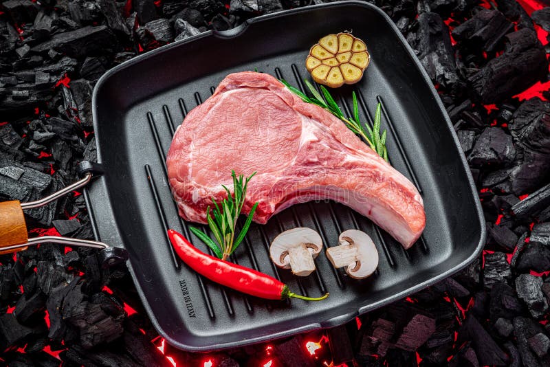 Raw Beef Steak on the Grill Pan Stock Image Image of herb, seasoning