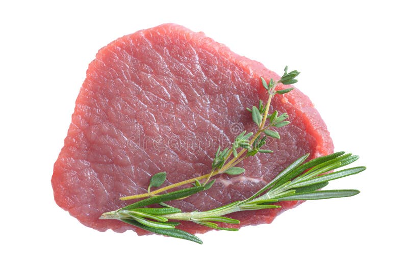 Raw Beef Steak with Rosemary and Thyme Isolated on White Stock Image