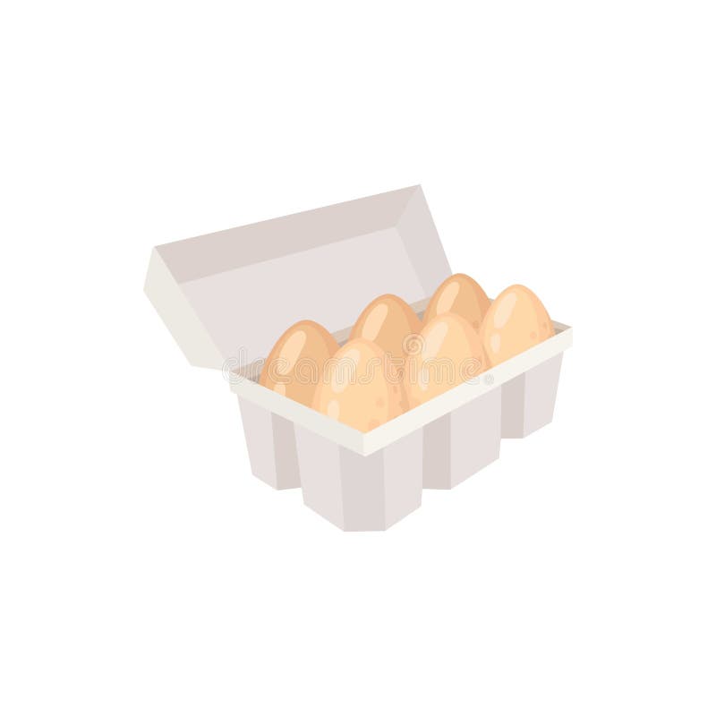 Raw boiled egg. Cartoon chicken or quail egg carton tray pack, eco protein meal breakfast half fried fresh yolk in brown royalty free illustration