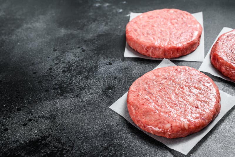Raw Burger Patties, Ground Beef Meat. Black Background. Top View. Copy Space Stock Photo Image
