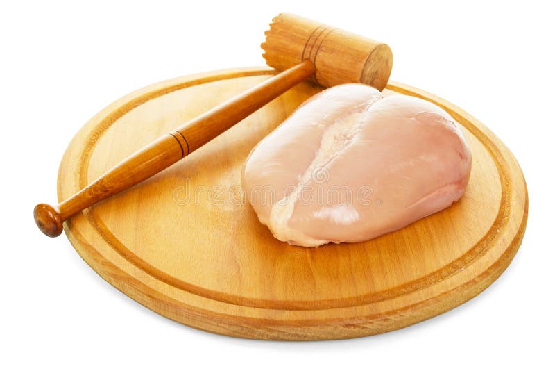 Raw Chicken Breast, Meat Tenderizer and Board Isolated on White. Stock Photo Image of hammer
