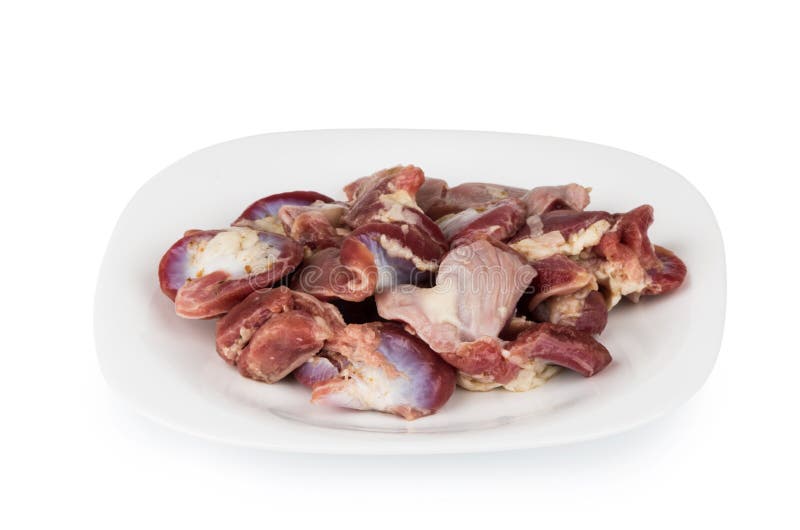 Raw Chicken Gizzards and Hearts in Plate Isolated on White Stock Image