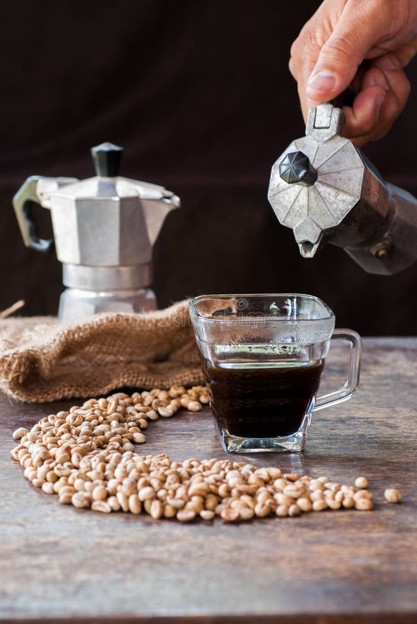Raw Coffee Beans with Moka Pot in a Sack on Table Stock Image Image