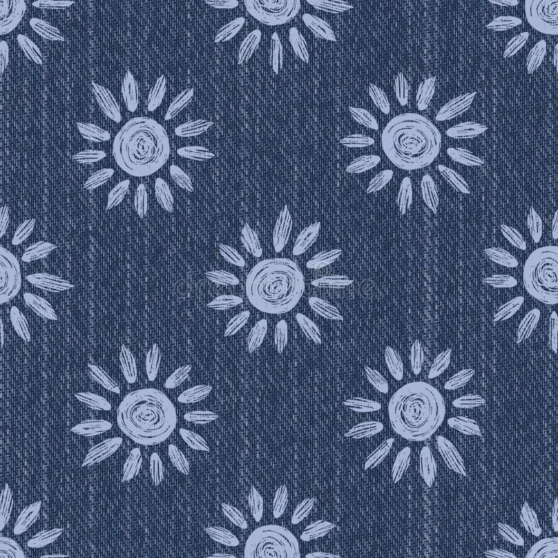 Raw Denim Blue Chambray Texture Background with Printed White Daisy. Indigo Stonewash Seamless Pattern. Close Up Textile Weave for