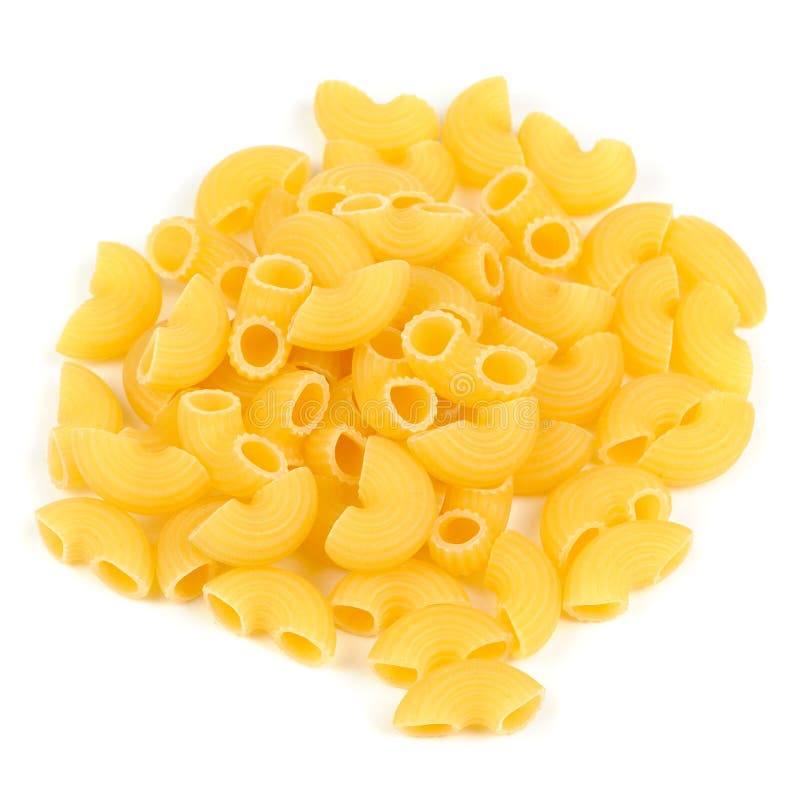 Raw Elbow Macaroni (Gomiti Pasta) Isolated On White Background Stock