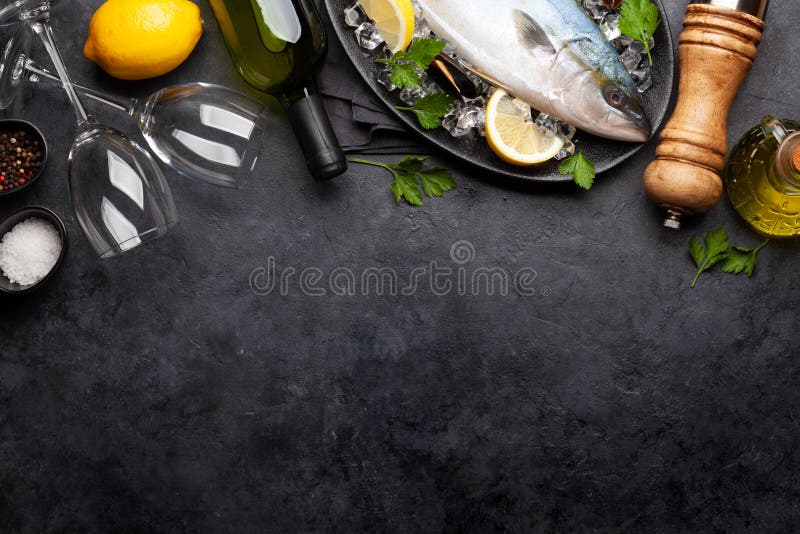 Raw Fish Cooking. Seafood and Wine Stock Photo Image of alcohol, menu
