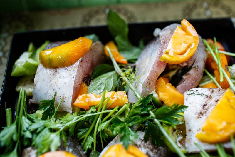 Raw Fish with Vegetables and Herbs on the Pan Stock Photo Image of