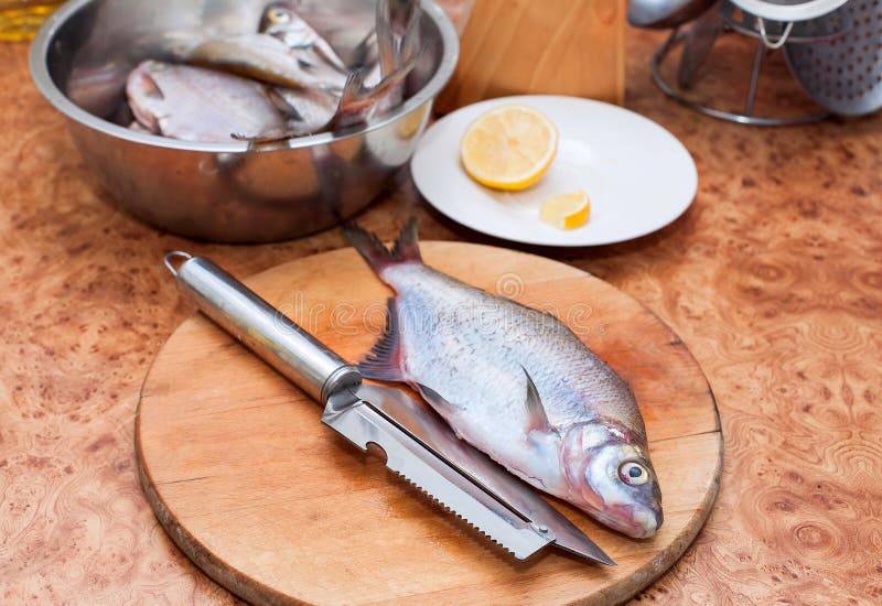 Raw Fish on Wooden Cutting Board with Knife in the Kitchen Stock Photo Image of bass