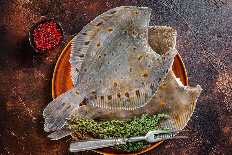 Raw Flounder or Plaice on Rustic Plate with Herbs. Dark Background. Top
