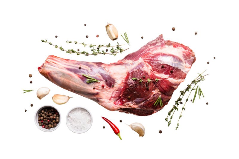 Raw Fresh Lamb Meat Shank, Herbs and Spices Isolated on White