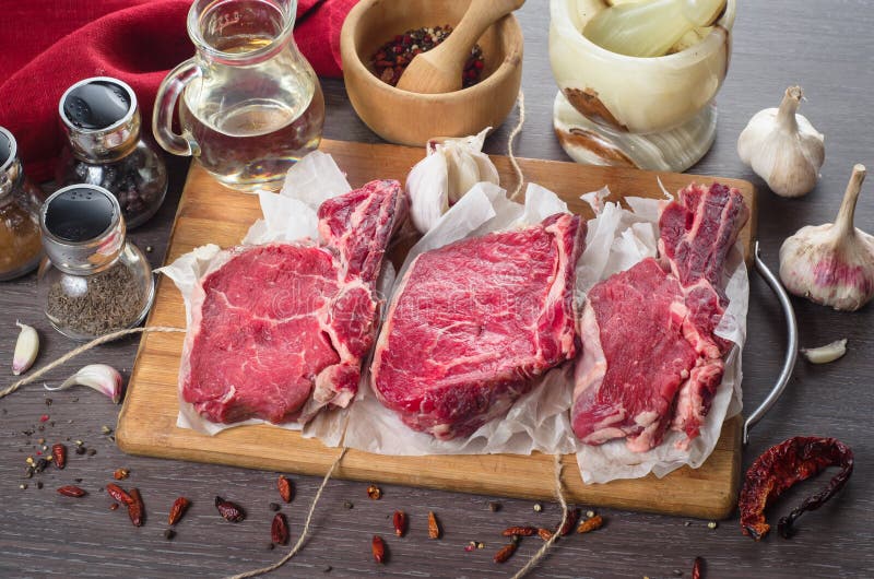 Raw Fresh Meat Rib Eye Steak Composition on Wooden Background Stock Image Image of fresh