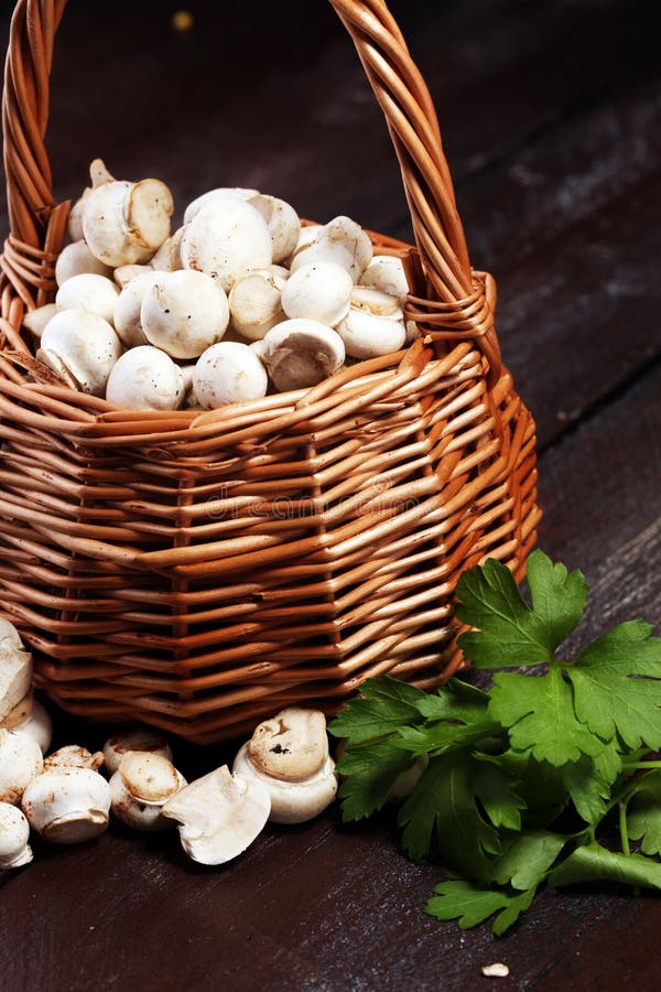 Raw Fresh Mushrooms on Rustic Table. White Fresh Mushroom Stock Photo Image of mushrooms