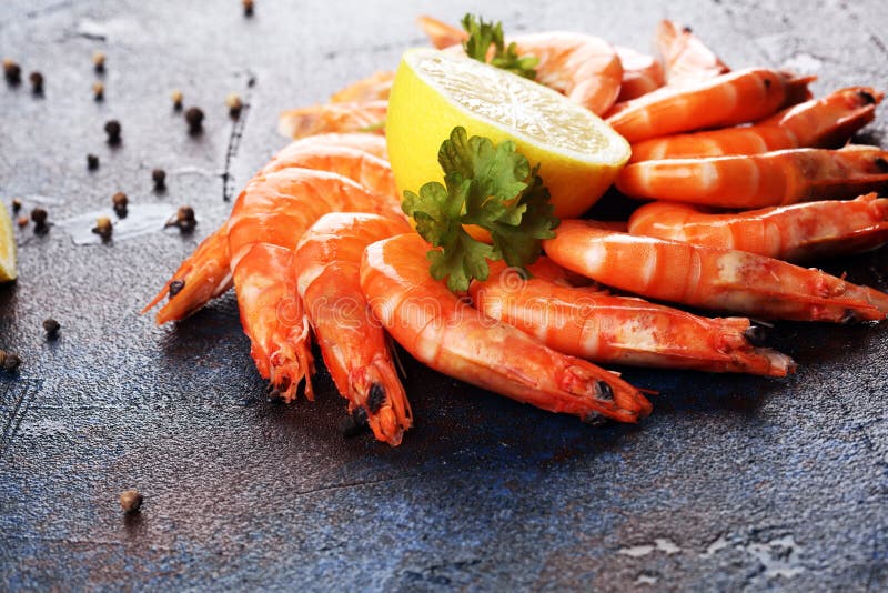 Raw Fresh Prawns Langostino Austral. Shrimp Seafood With Lemon A Stock ...