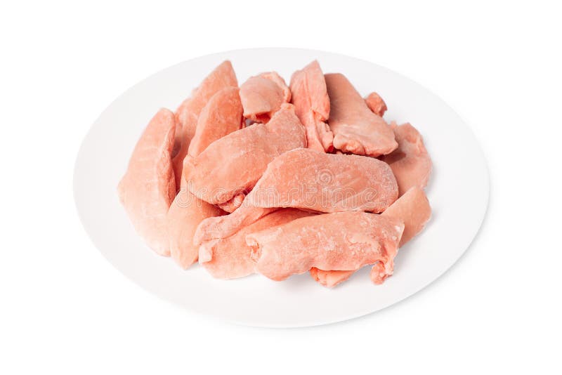 Raw Frozen Chicken Thigh Meat on a White Plate on a White Isolated ...