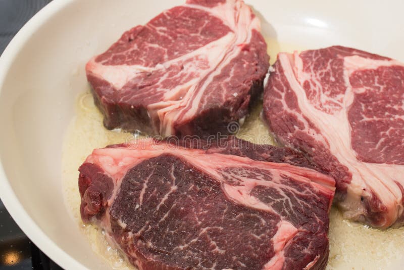 Raw Hung Rib Eye Steak in a Frying Pan Stock Image Image of beef