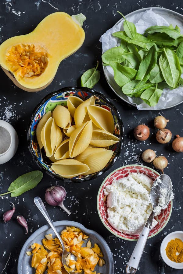 Raw Ingredients for Making Pumpkin and Ricotta Stuffed Shells. Pasta