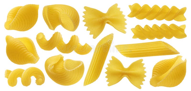 Raw italian pasta, collection of different pasta kinds isolated on white background