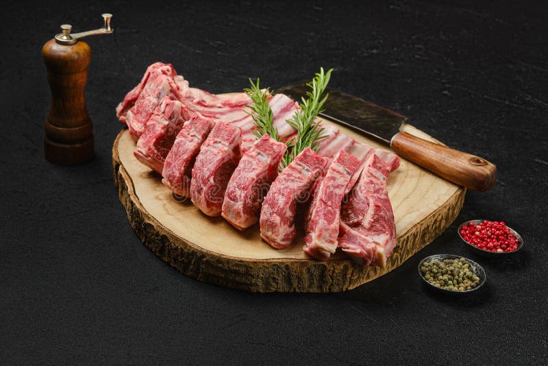 Raw Lamb Rib Roast on Wooden Slab Stock Image Image of herb, dark