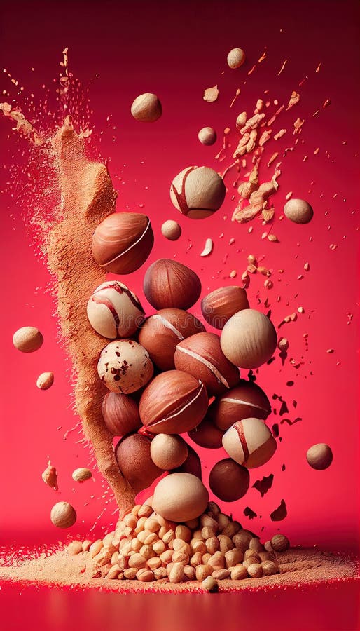 Raw Macadamia Nuts Creatively Falling-Dripping Flying or Splashing on Red Background Generative AI stock illustration