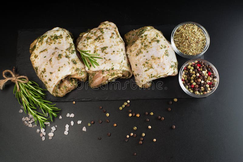 Raw Meat for Cooking. Fast Cooking.Raw Marinated Chicken Thigh in a