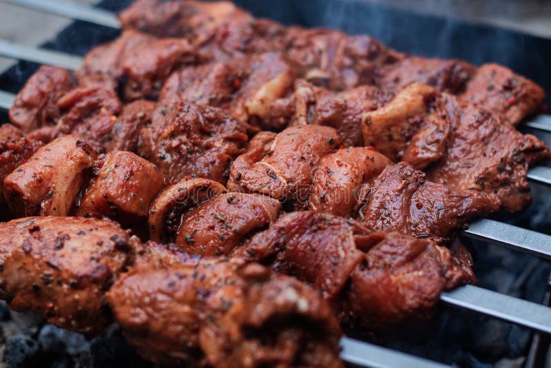 Raw Meat on Skewers is Prepared on the Grill Stock Photo Image of