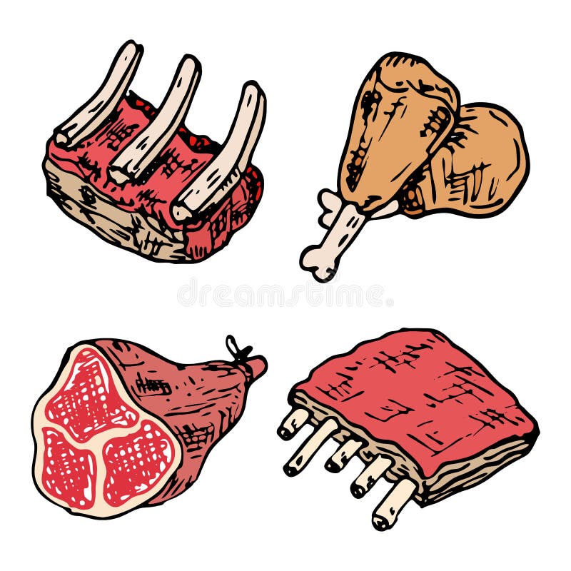 Raw meat vector drawing set. Hand drawn beef steak, pork ham, la stock illustration Raw meat vector drawing set. Hand drawn beef steak, pork ham, la stock illustration