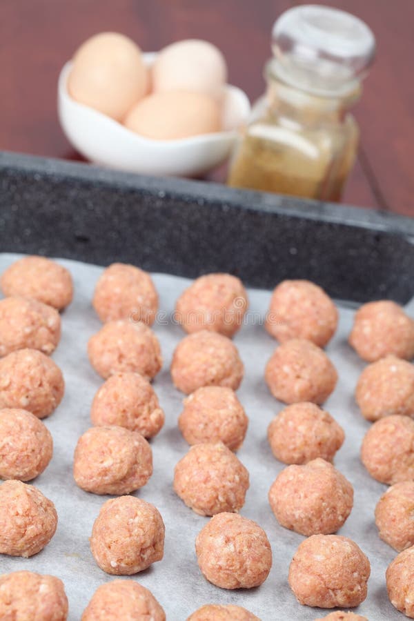 Raw Meatballs on Baking Sheet Stock Photo Image of close, baking