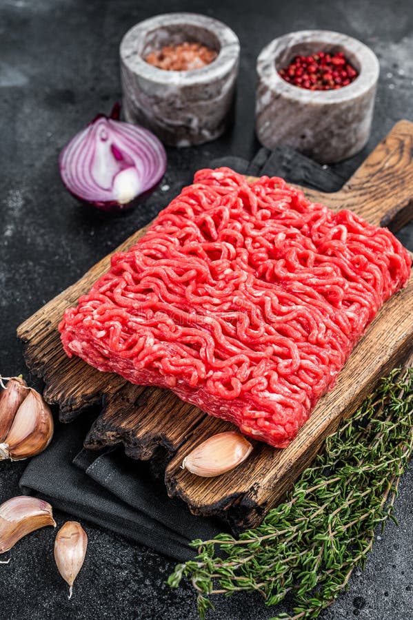 Raw Mince, Minced Ground Beef Meat on a Cutting Board. Black Background Stock Image Image of