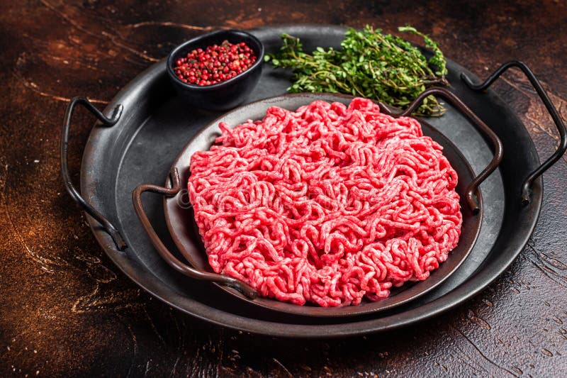 Raw Mince, Minced Ground Beef Meat in a Kitchen Tray. Dark Background Stock Photo Image of