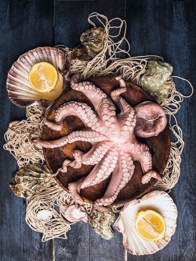 Raw Octopus in bowl on fishing net with sea shell and lemon , blue wooden table