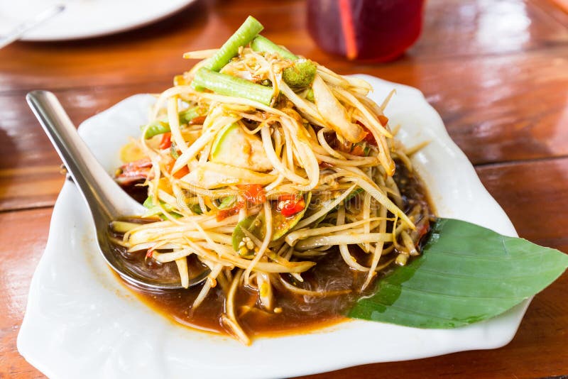 Raw papaya salad well known in thai is SOM-TAM