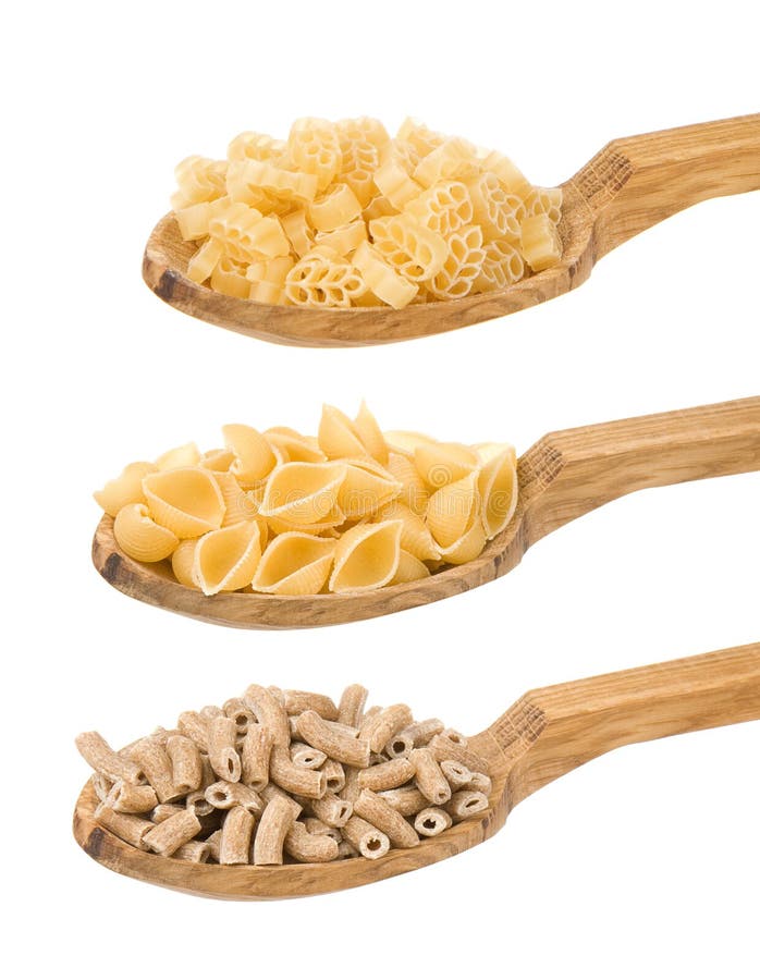 Raw pasta and wooden spoon on white