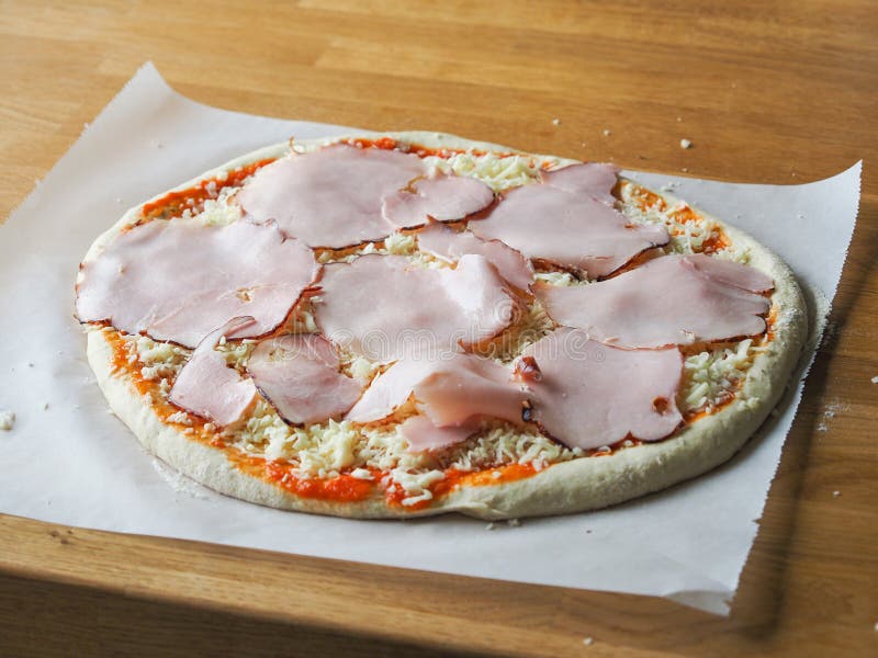 Raw Pizza Dough with Cheese, Ham and Sauce Stock Photo Image of