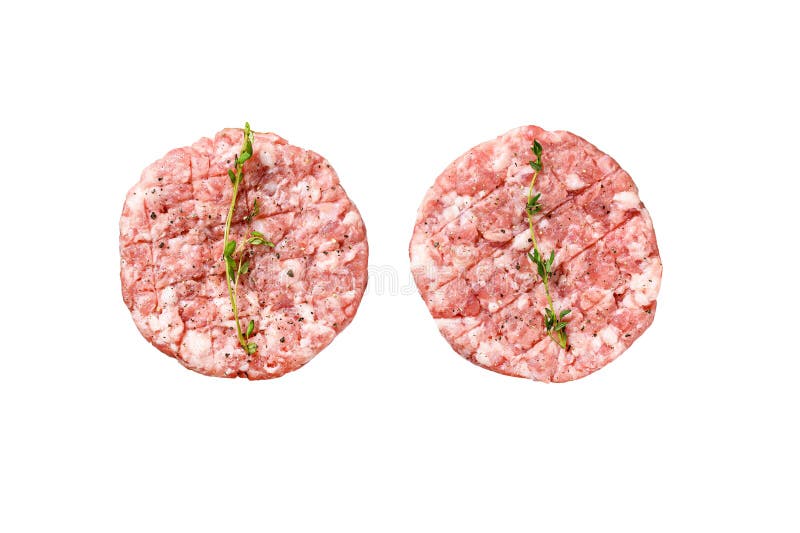 Raw pork cutlets, ground meat patty on a cutting Board. Organic mince. Isolated on white background.