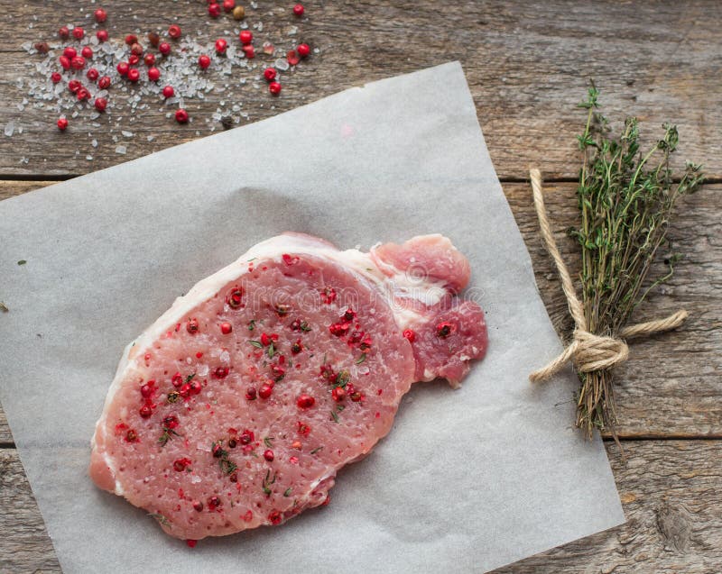 Raw Pork Steak with Pink Pepper and Sea Salt Stock Image Image of