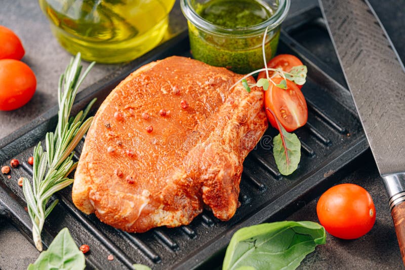 Raw Pork Steak in Spices and Olive Oil and Basil Dressing Stock Photo Image of salt, dark