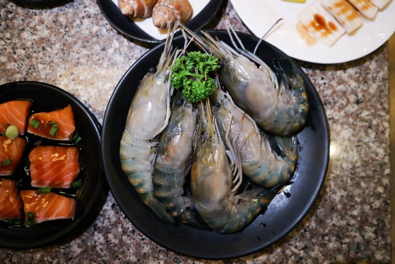 Raw Prawn, Raw Shrimp and Raw Salmon Stock Photo Image of grill