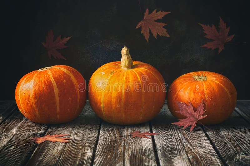 Two Raw Whole Pumpkins On A Rustic Wooden Dark Table ...