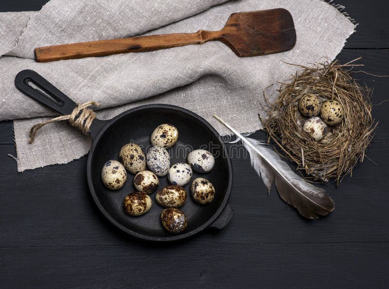 Raw Quail Eggs in the Shell Lie in a Black Castiron Frying Pan Stock