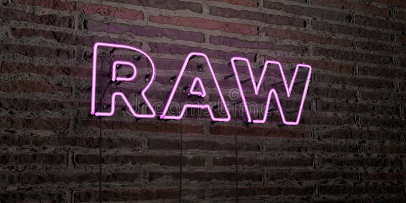 Raw Realistic Neon Sign On Brick Wall Background 3d Rendered Royalty 