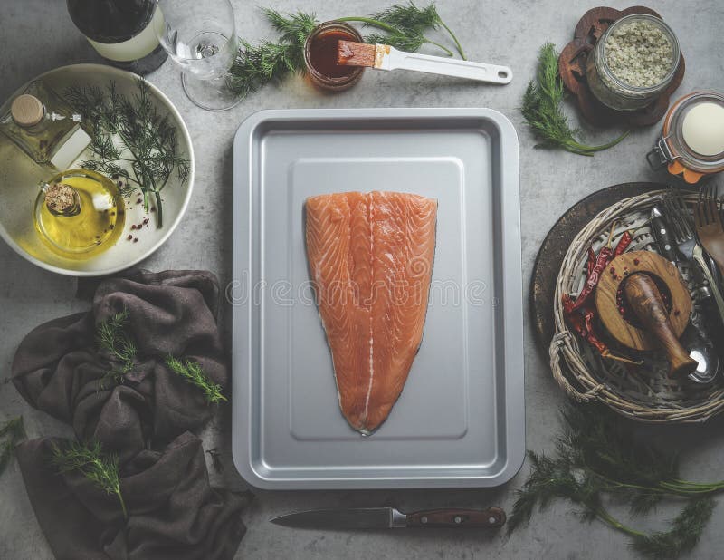 Raw salmon fillet on grey baking tray at kitchen table with herbs and spices, oil, brush with marinade, dish towel at grey kitchen