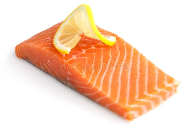 Raw Salmon Fillet on White. Lemon Slice Stock Image Image of food