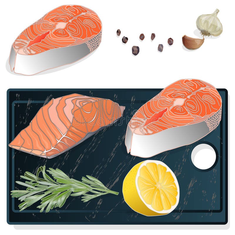 Raw Salmon Fillets with Herbs on Wooden Desk. White Background. Vector ...