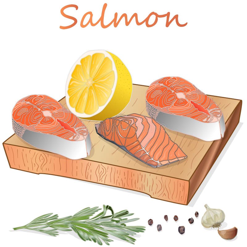 Raw Salmon Fillets With Herbs On Wooden Dwsk. White Background. Vector ...