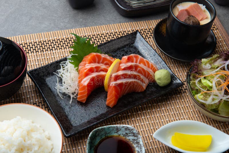 Raw salmon slice or salmon sashimi in Japanese style fresh serve