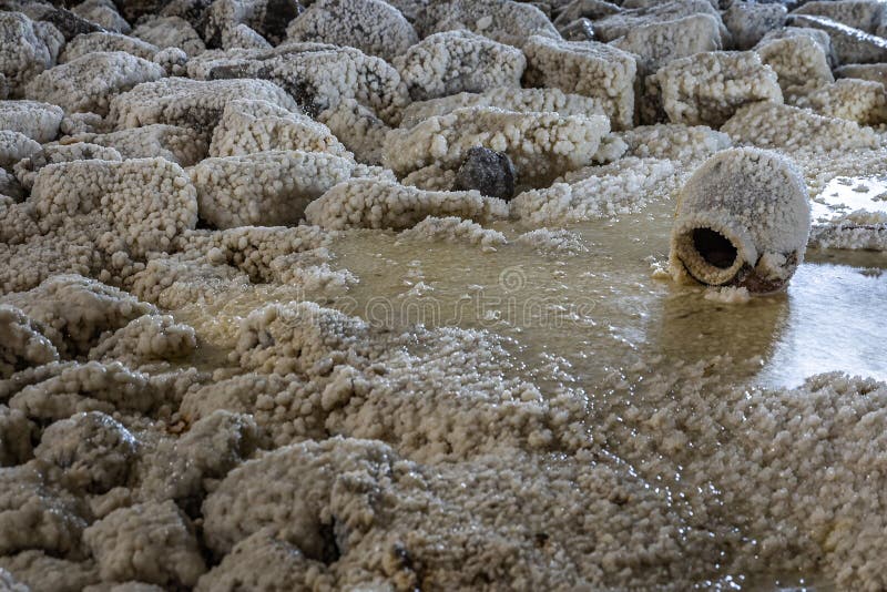Raw Salt Deposited on Rocks in an Underground Salt Mine Stock Image