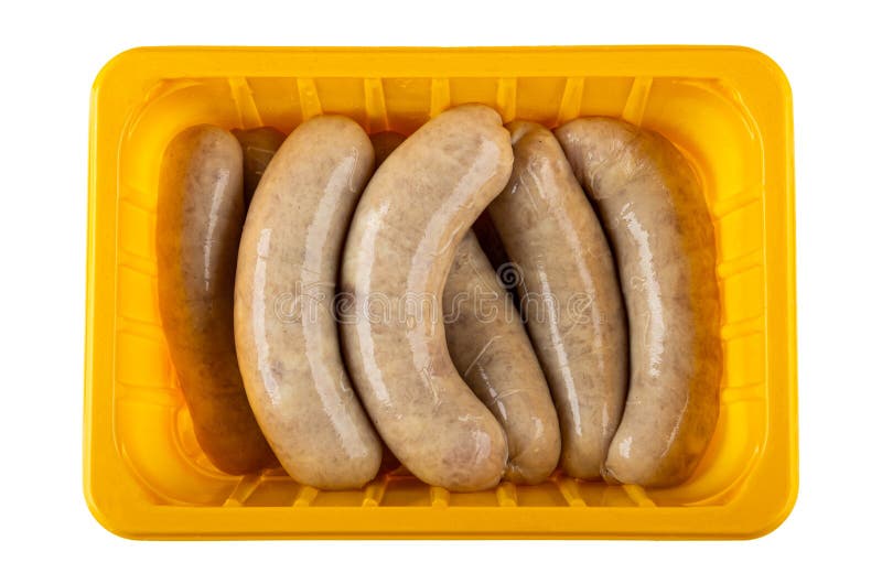 Raw Sausages in Natural Shell in Box Isolated on White Background. Top